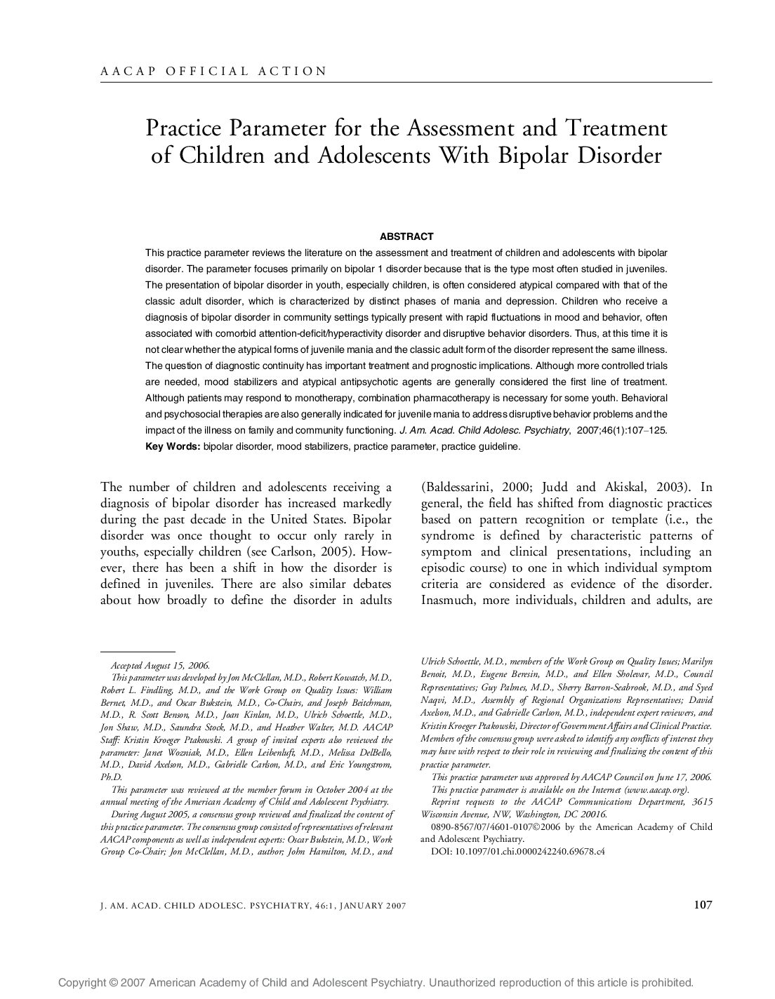AACAP Practice Parameters for the Assessment and Treatment of Children and Adolescents with Bipolar Disorder