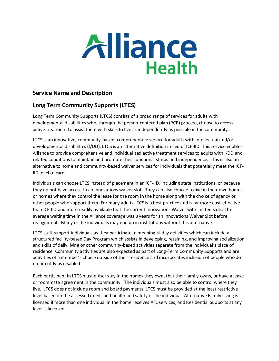 AH ILOS: Long Term Community Supports (LTCS)