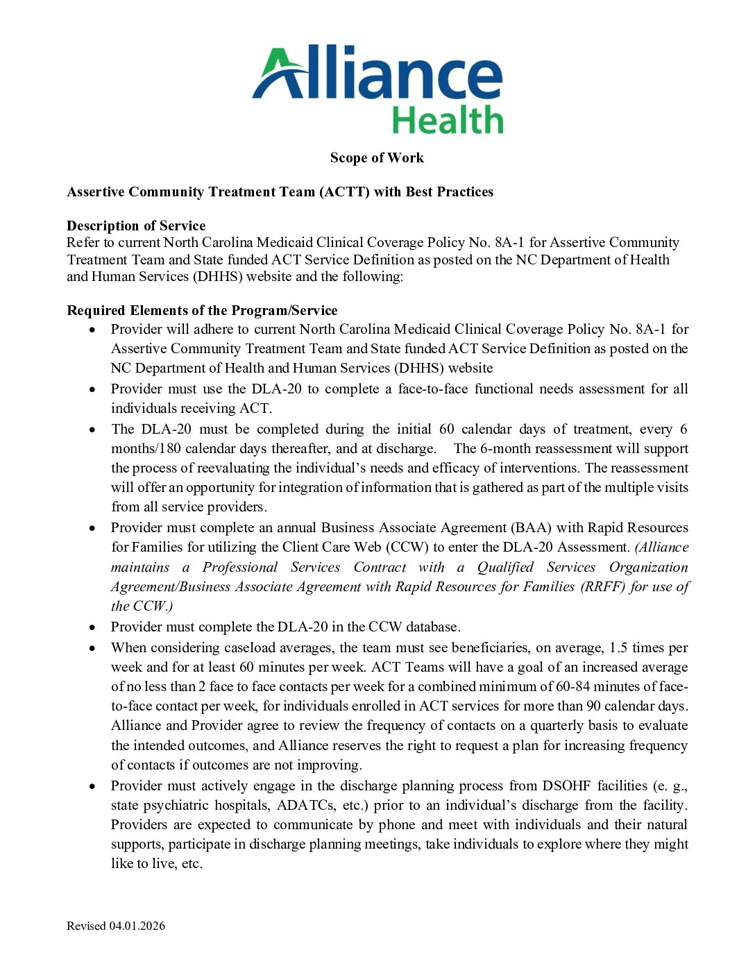AH SOW: Assertive Community Treatment Team (ACTT)