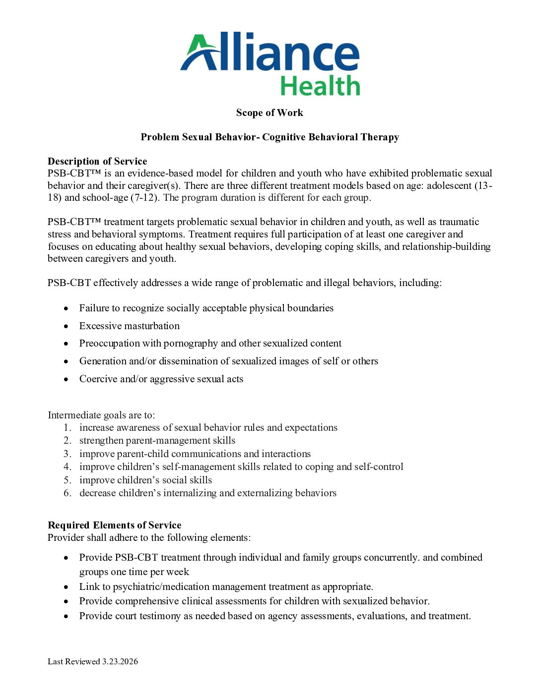 AH SOW: Medicaid Problem Sexual Behavior – Cognitive Behavioral Therapy