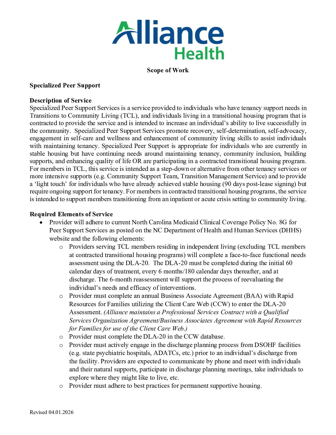 AH SOW: Peer Support Services—Tenancy