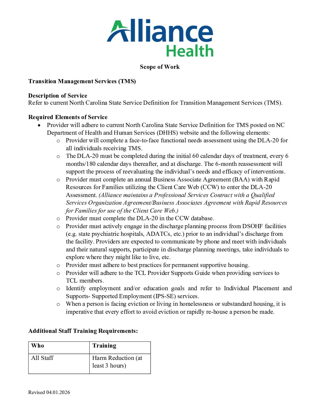 AH SOW: Transition Management Services (TMS)