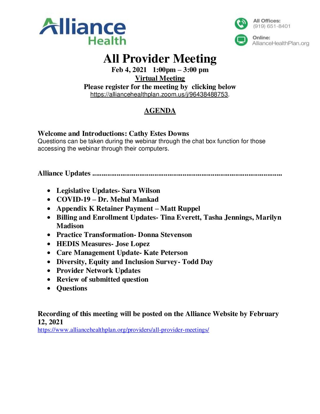 All Provider Meeting Agenda -  February 2021