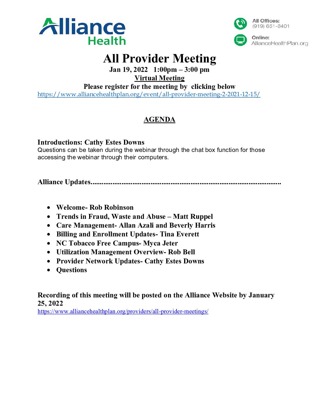 All Provider Meeting Agenda January 2022