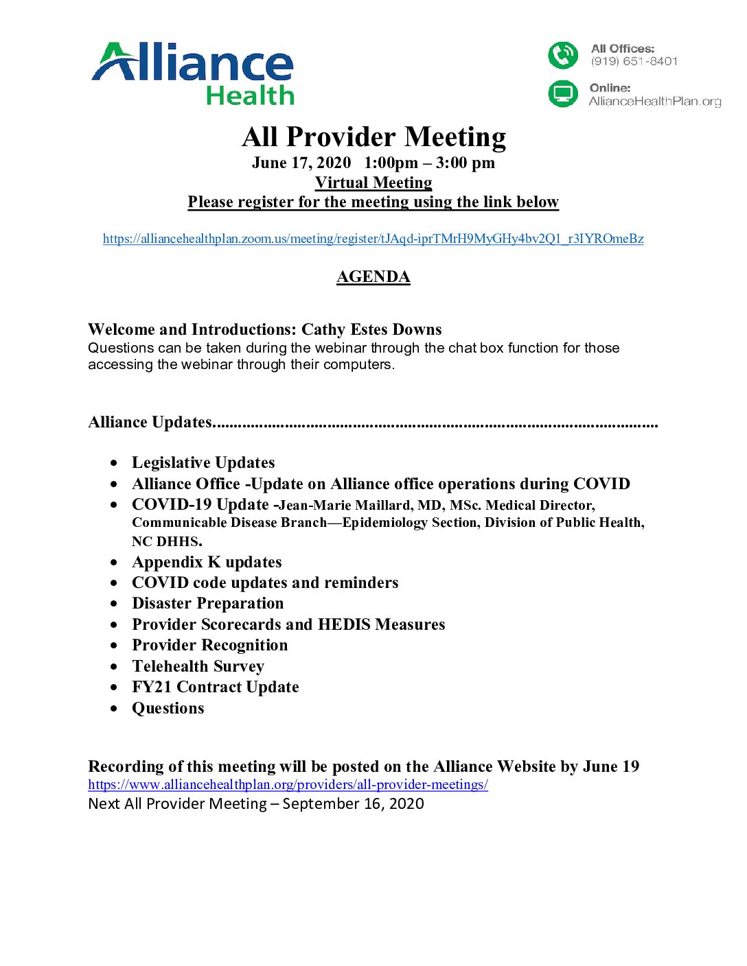 All Provider Meeting Agenda June 2020