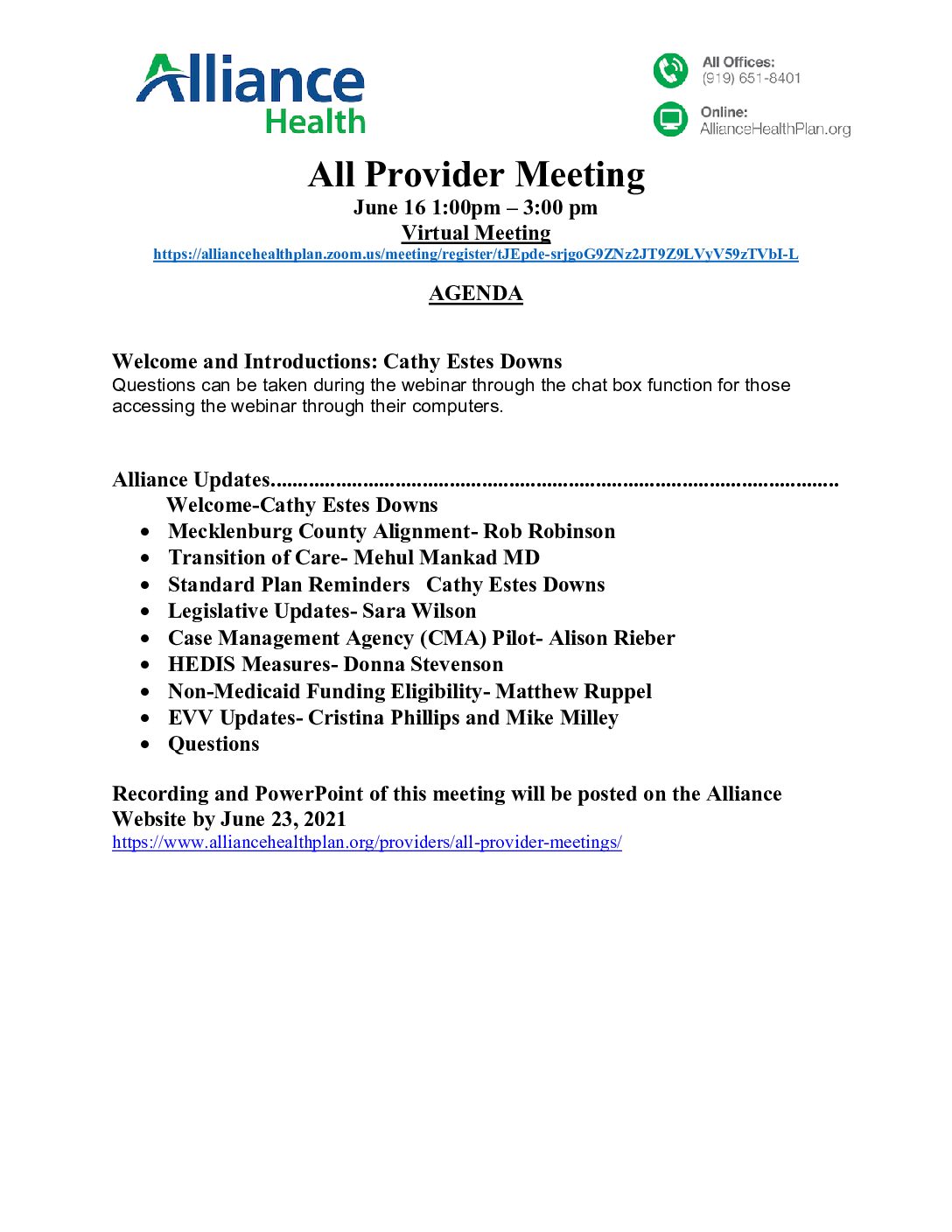 All Provider Meeting Agenda June 2021