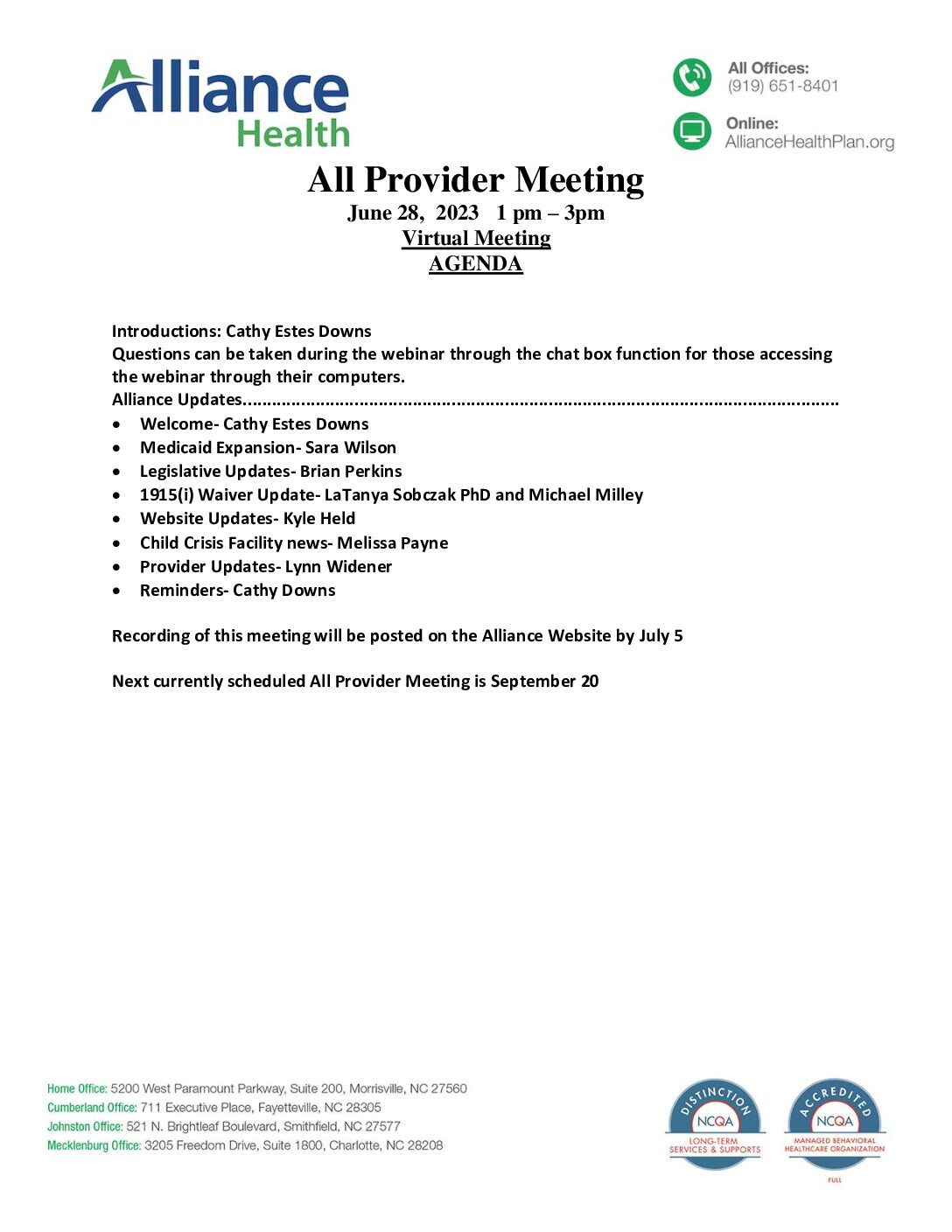 Agenda All Provider Meeting June 2023