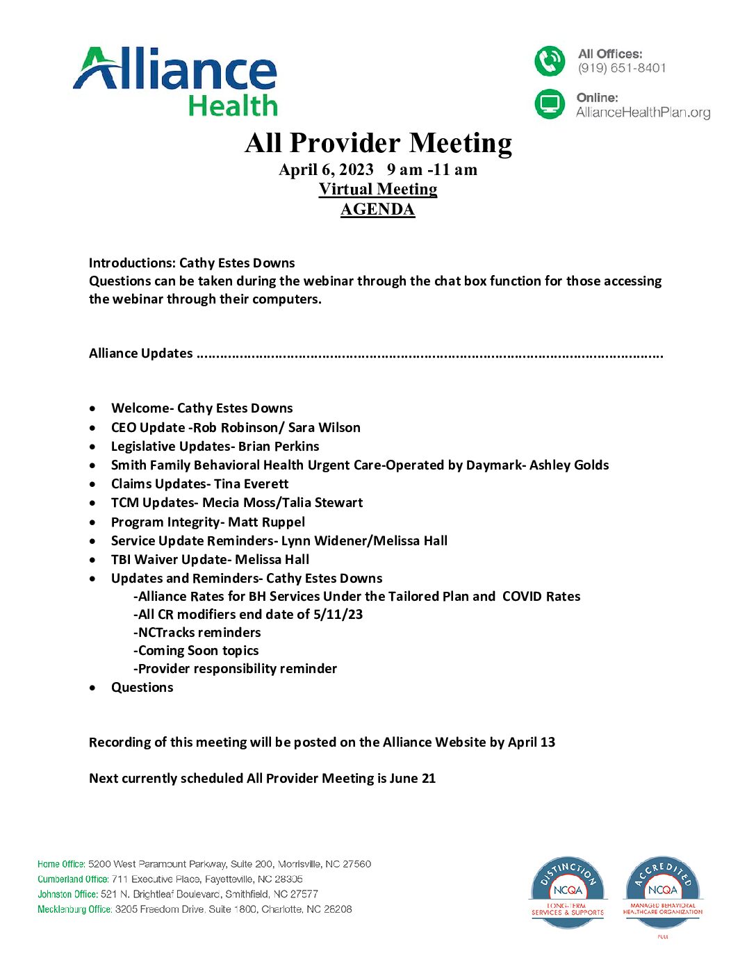 All Provider Meeting Agenda April 2023