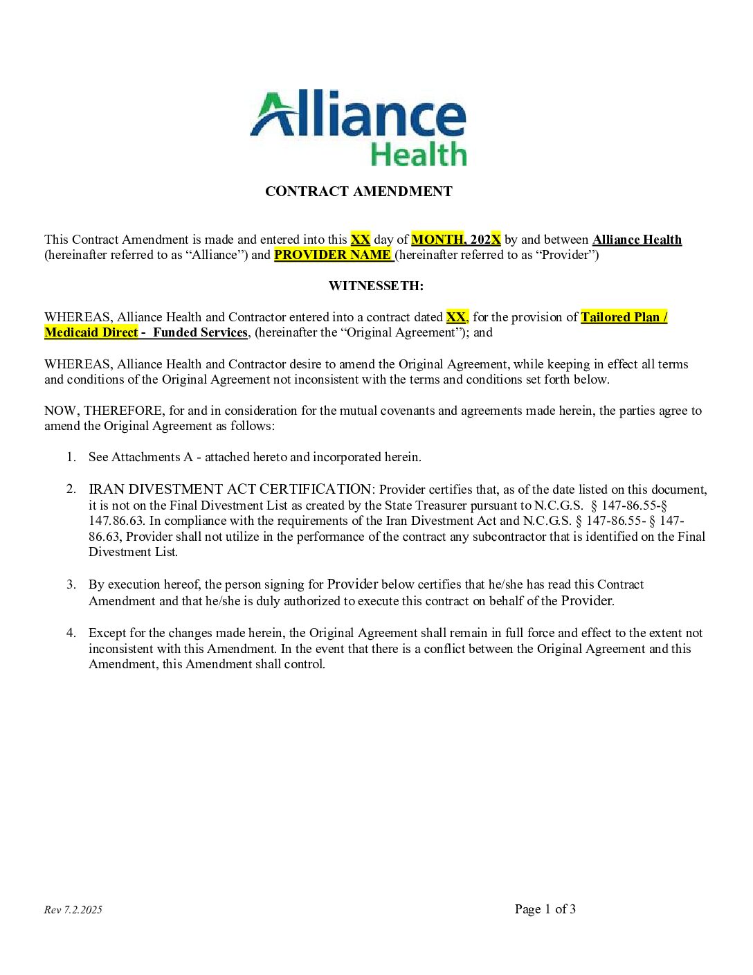 Alliance Health Tailored Plan and Medicaid Direct Provider Contract Amendment