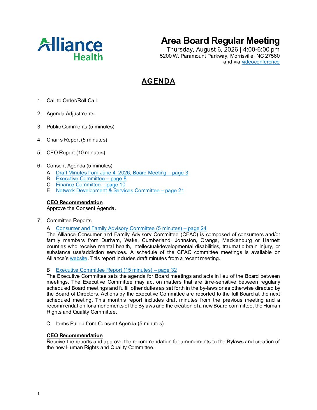 August 2026 Agenda