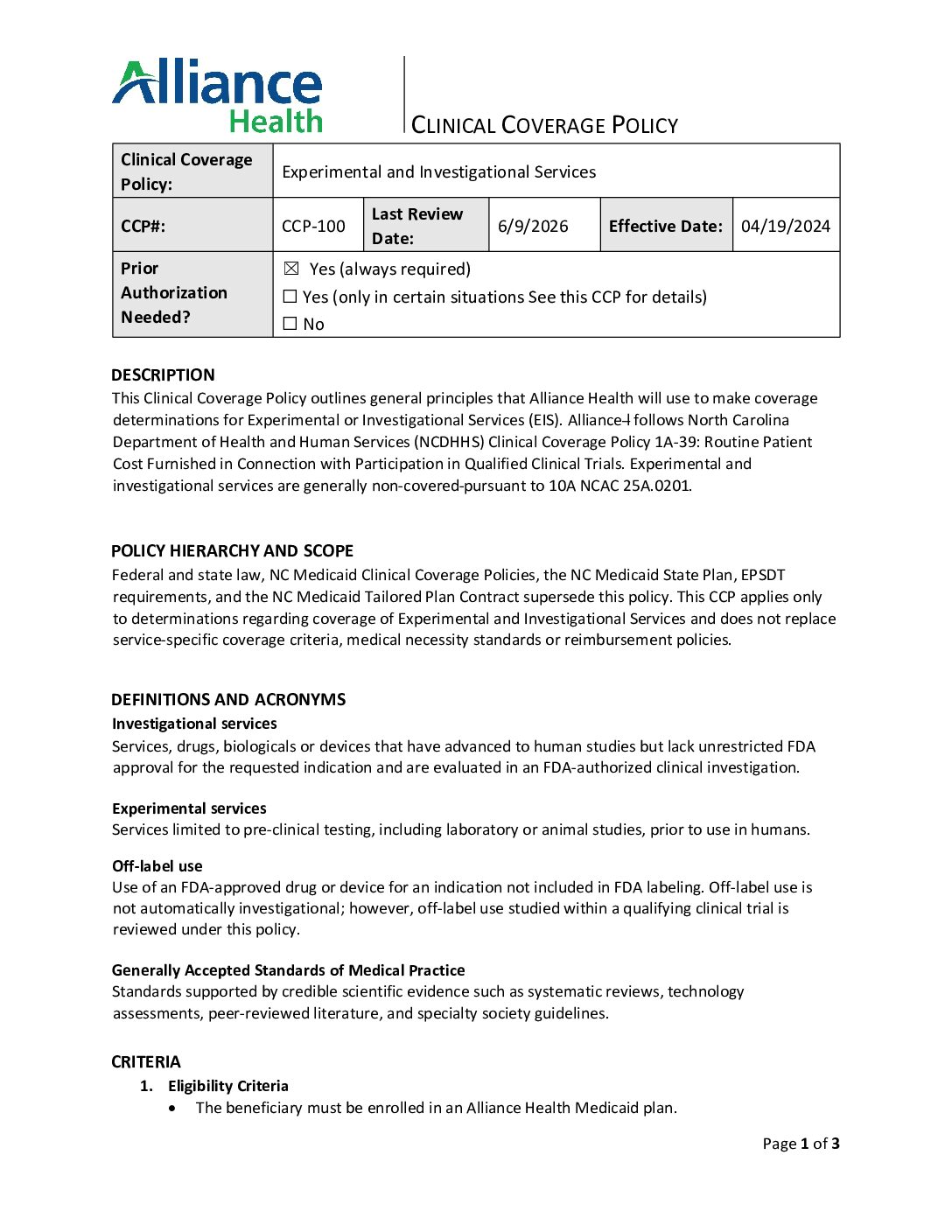CCP-100, Experimental Services
