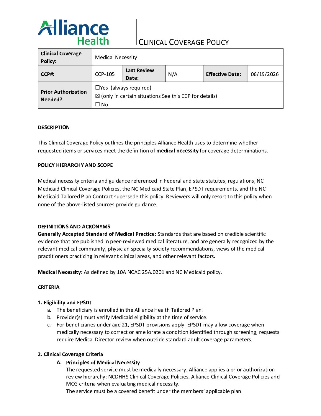 CCP-105, Medical Necessity