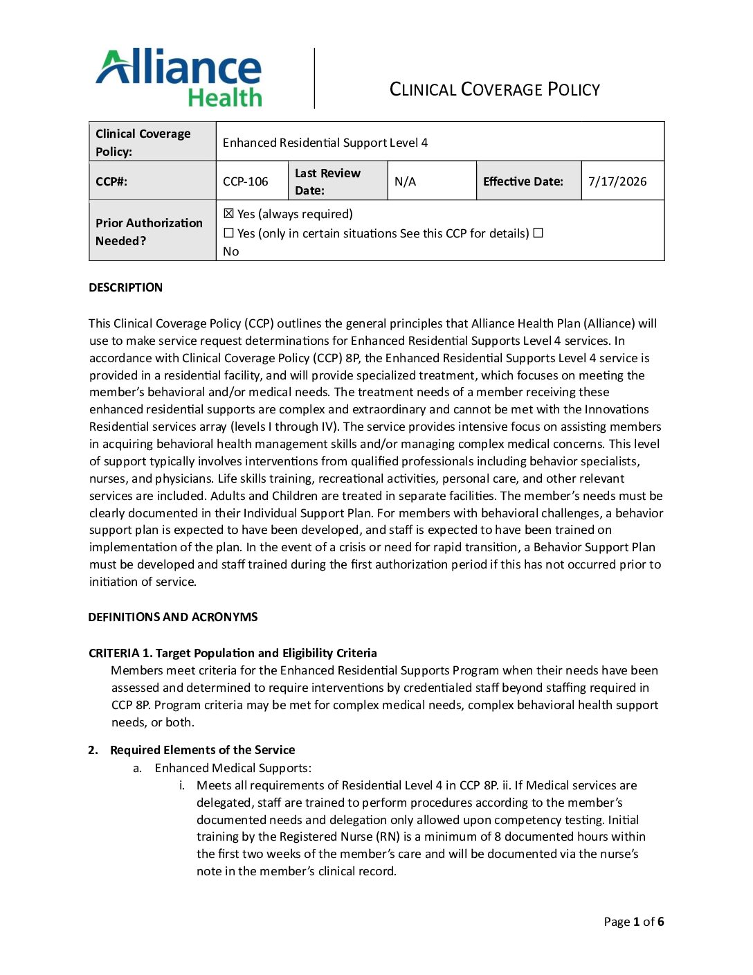 CCP-106 Enhanced Residential Support Level 4