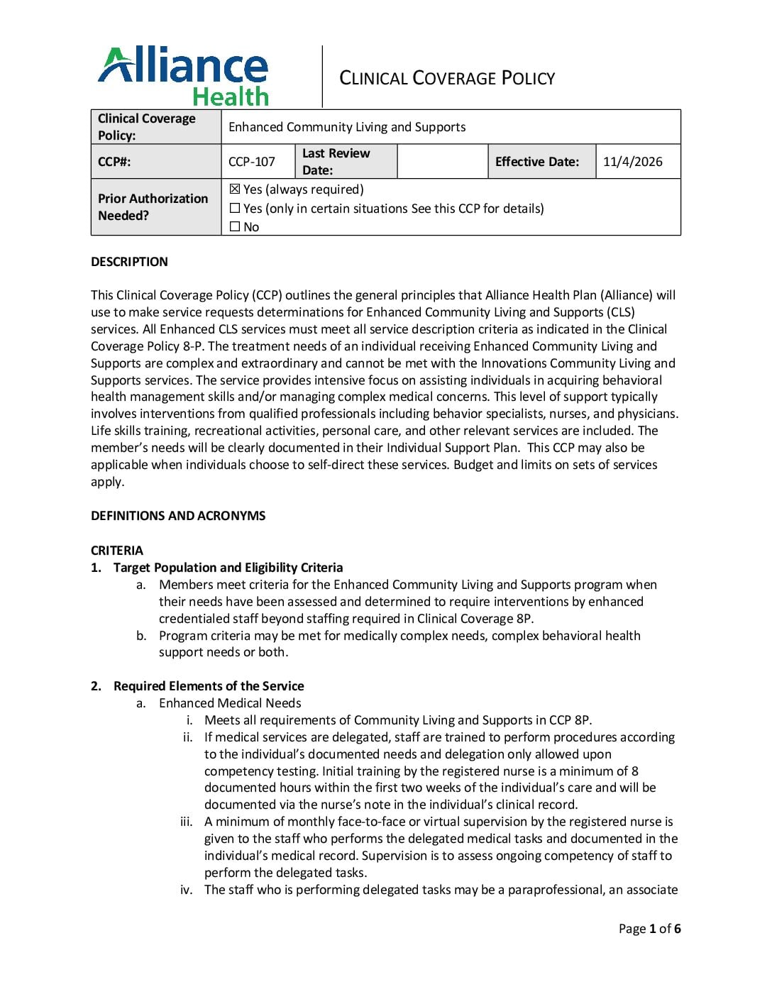 Clinical Coverage Policy - 107 Enhanced Community Living and Supports
