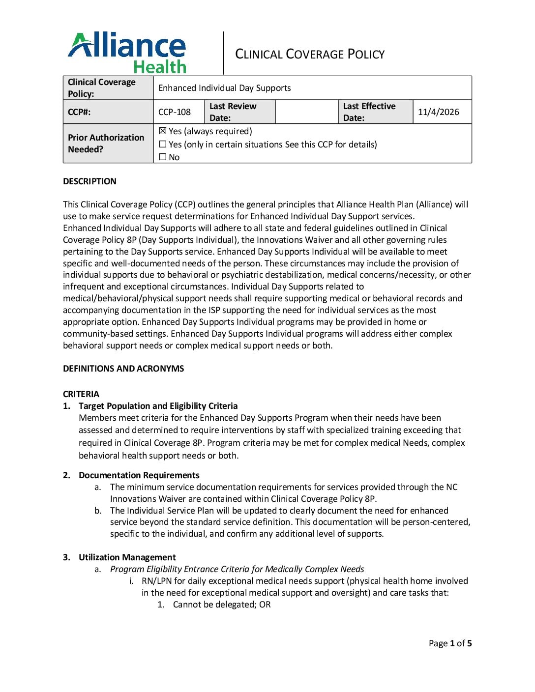 Clinical Coverage Policy-108: Enhanced Individual Day Supports