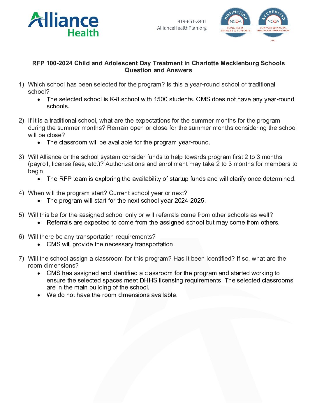 RFP 100-2024 Child and Adolescent Day Treatment in Charlotte Mecklenburg Schools Question and Answers