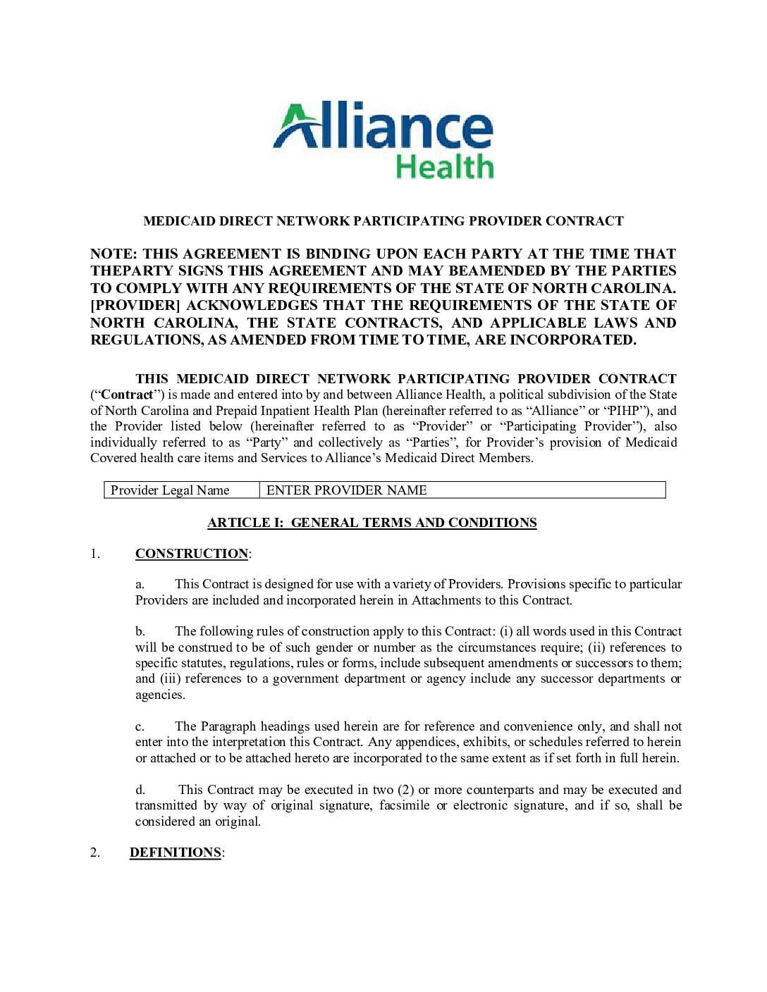 Alliance Health Medicaid Direct Provider Contract Template