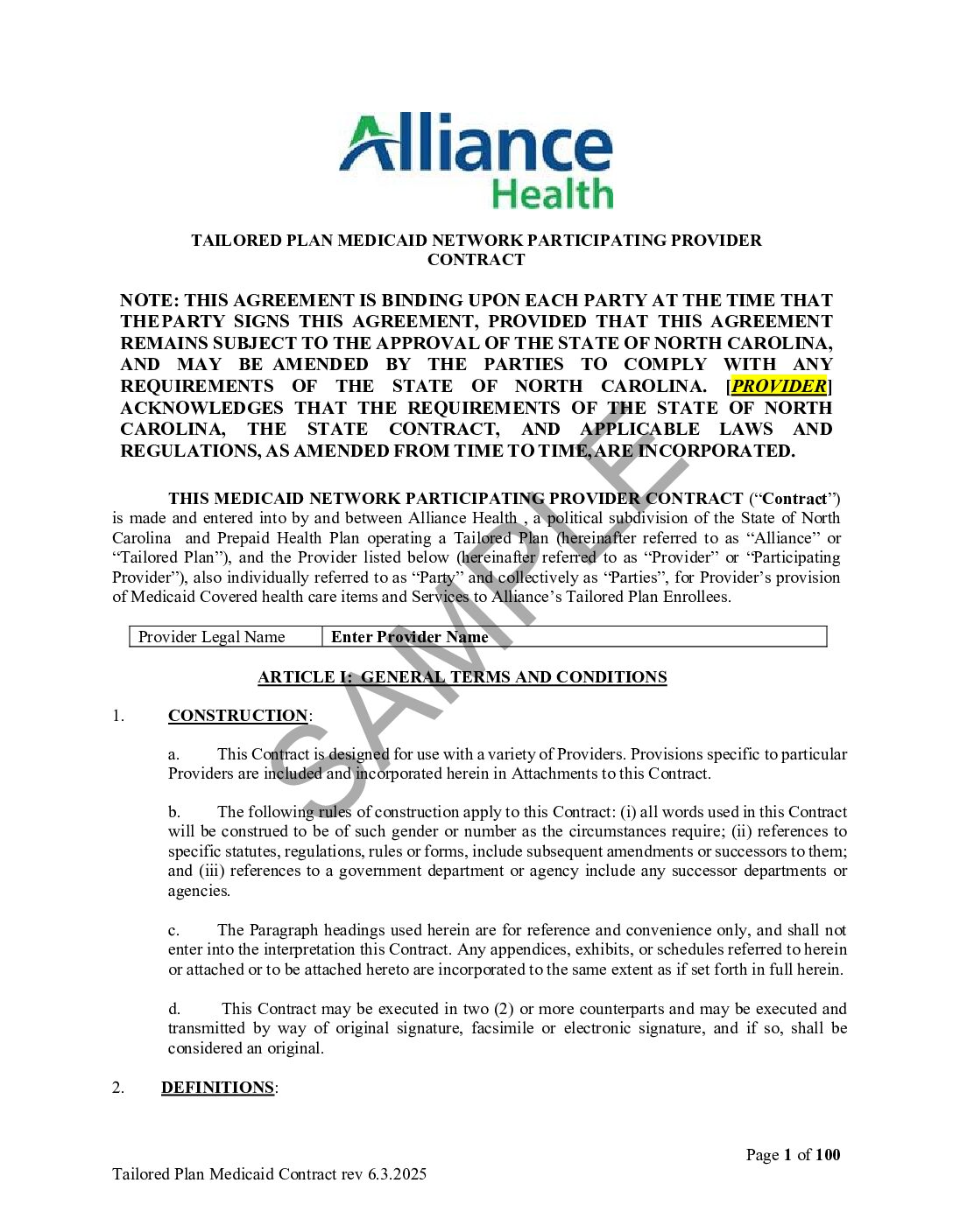 Tailored Plan Medicaid Provider Contract Template