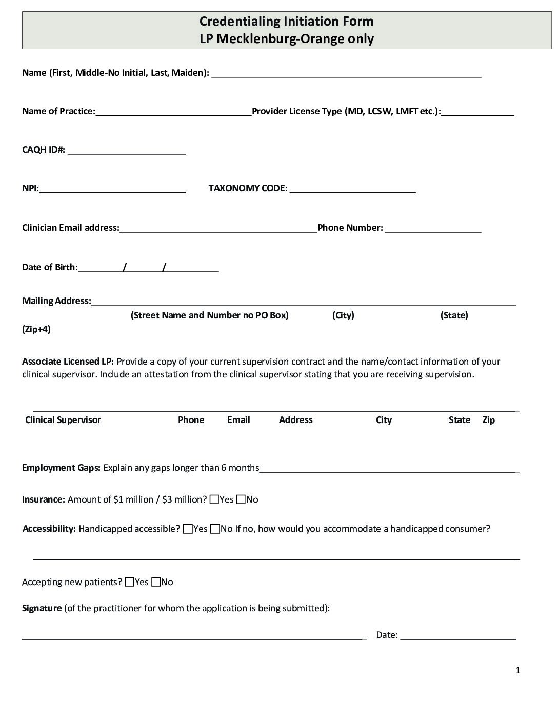 Credentialing Initiation Form for LPs