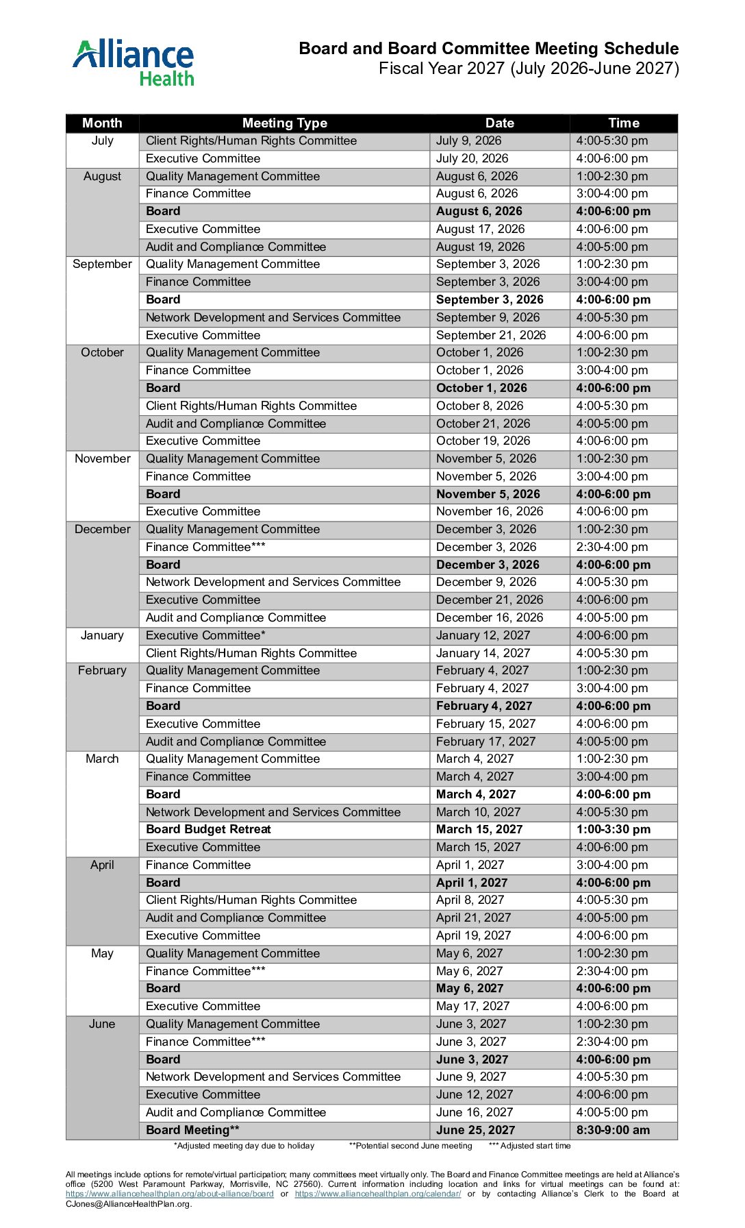 FY27 Board and Board Committee Meeting Schedule