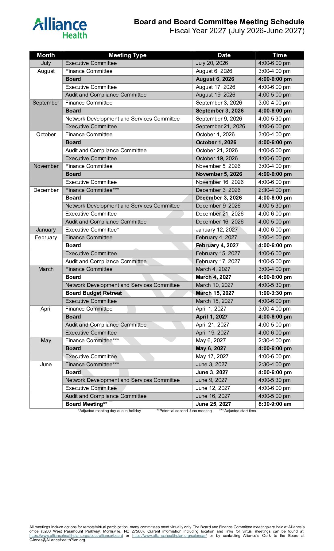 FY27 Board and Board Committee Meeting Schedule