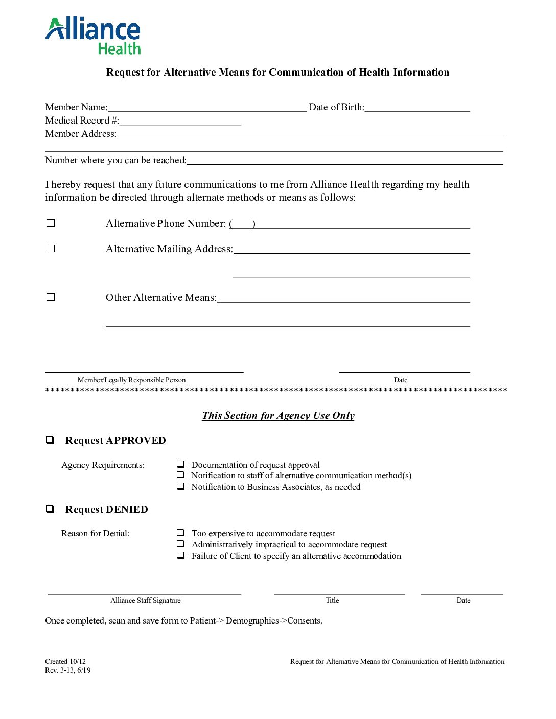HIPAA Request for Alternative Means of Communication