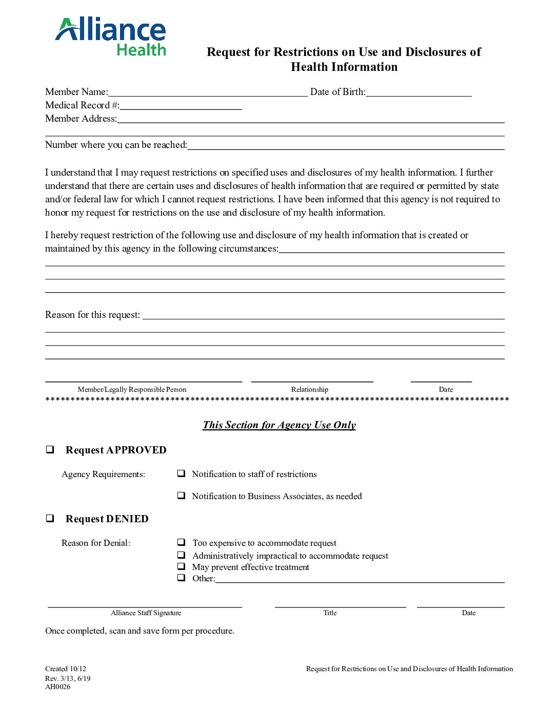 HIPAA Request for Restrictions on Use and Disclosure