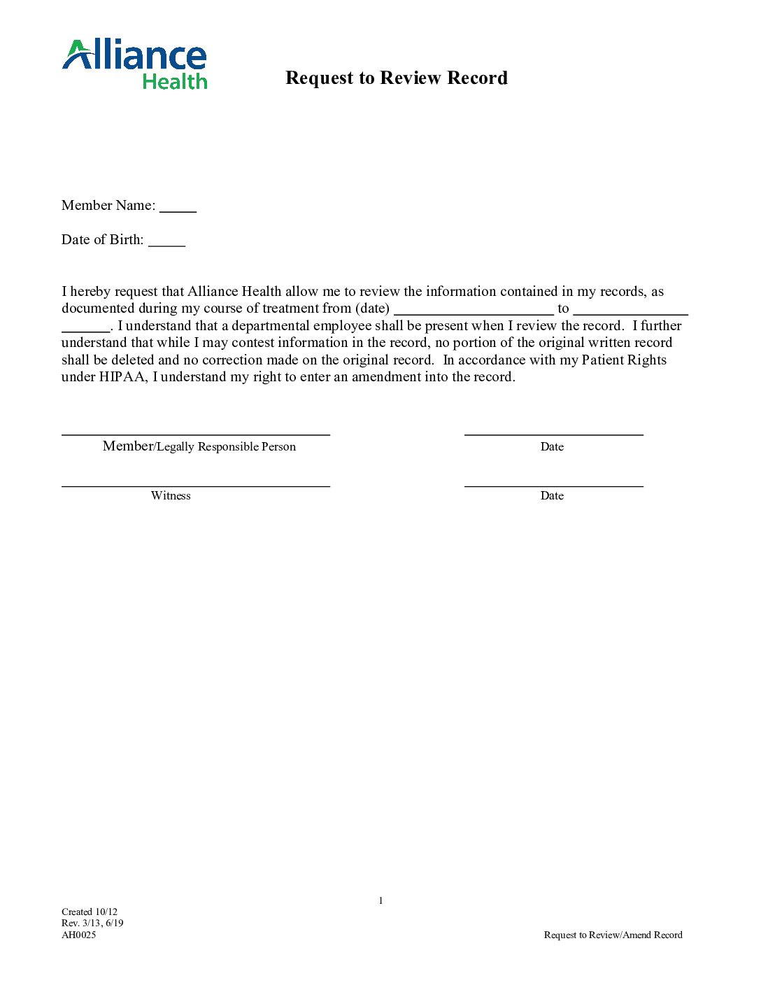 HIPAA Request to Review-Amend Record