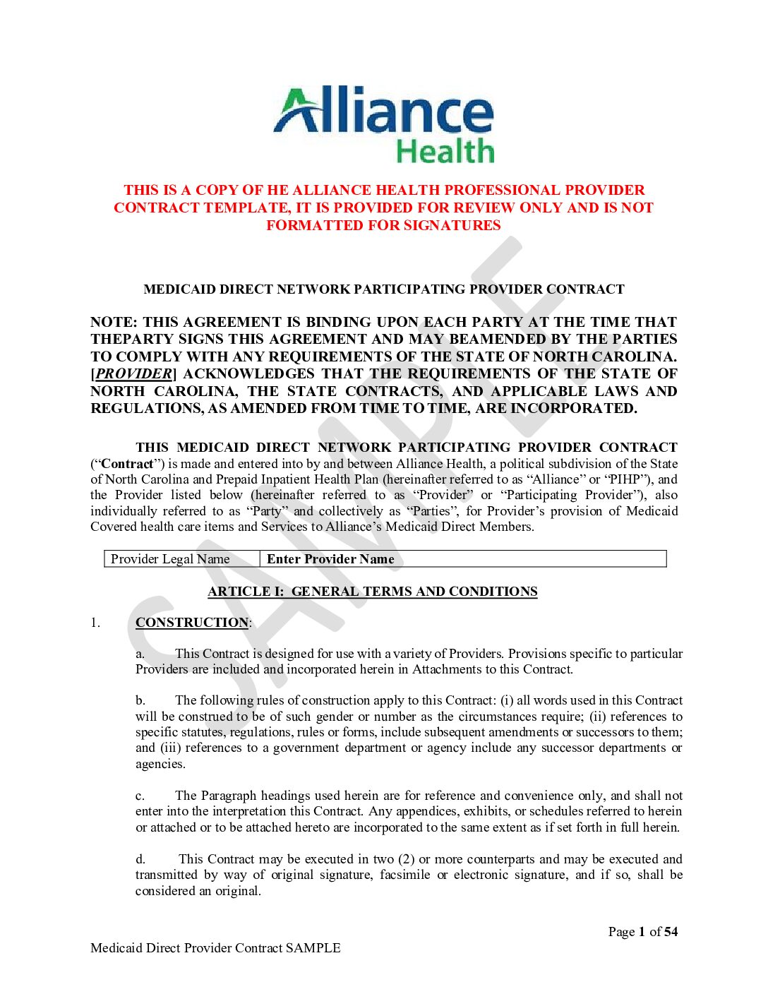 Alliance Health Medicaid Direct Provider Contract Template
