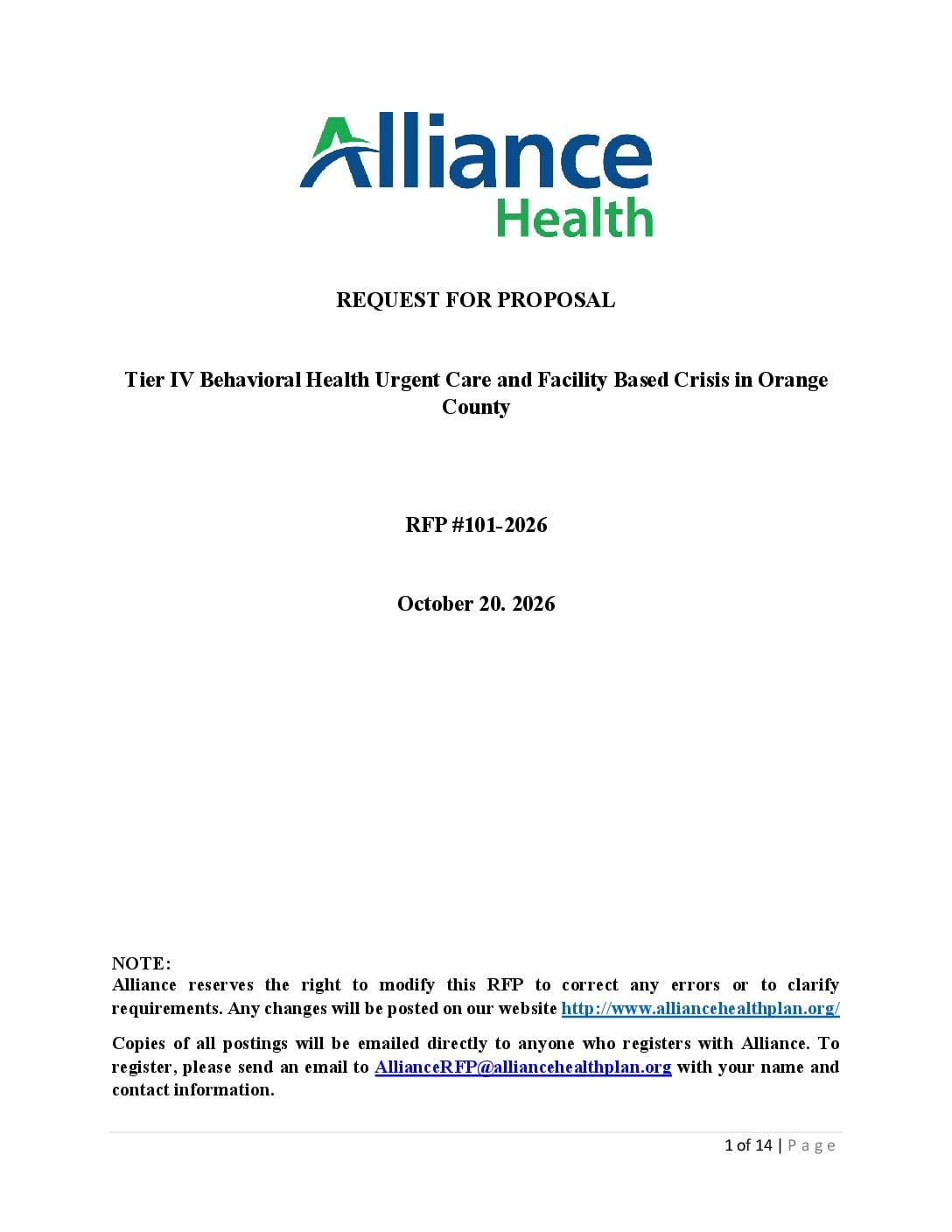 RFP: 101-2026 Behavioral Health Urgent Care and Facility Based Crisis in Orange County