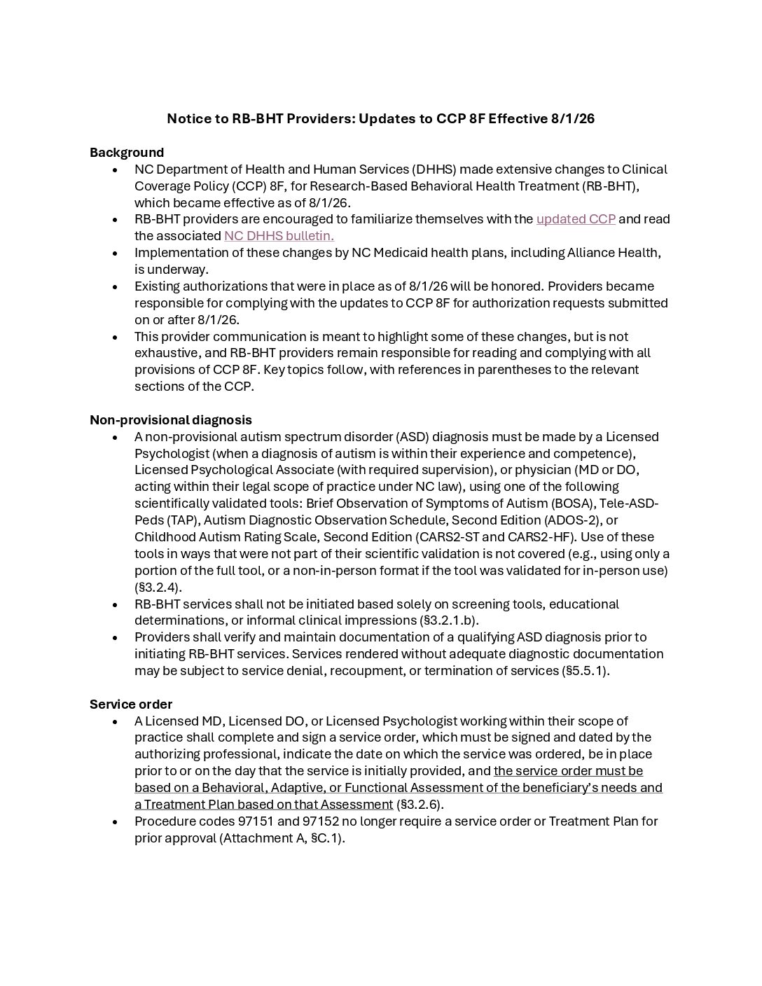 RB-BHT Provider News Update to CCP 8F