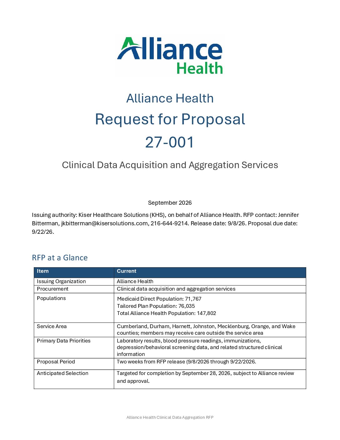 RFP 27-001: Clinical Data Acquisition and Aggregation Services