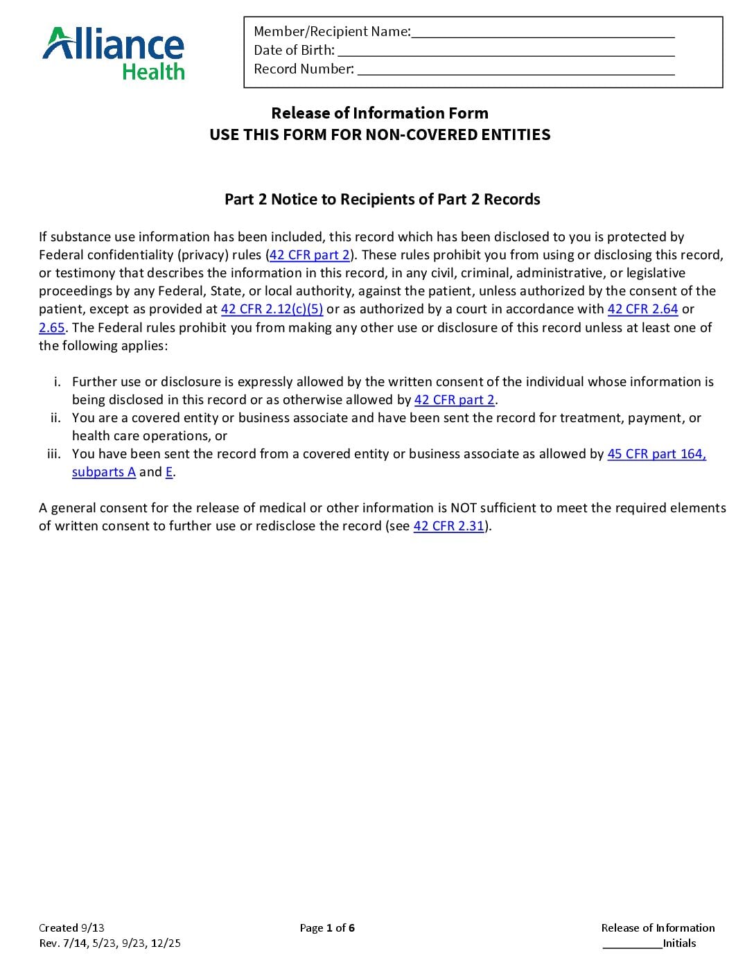 Release of Information Form for Non Covered Entity