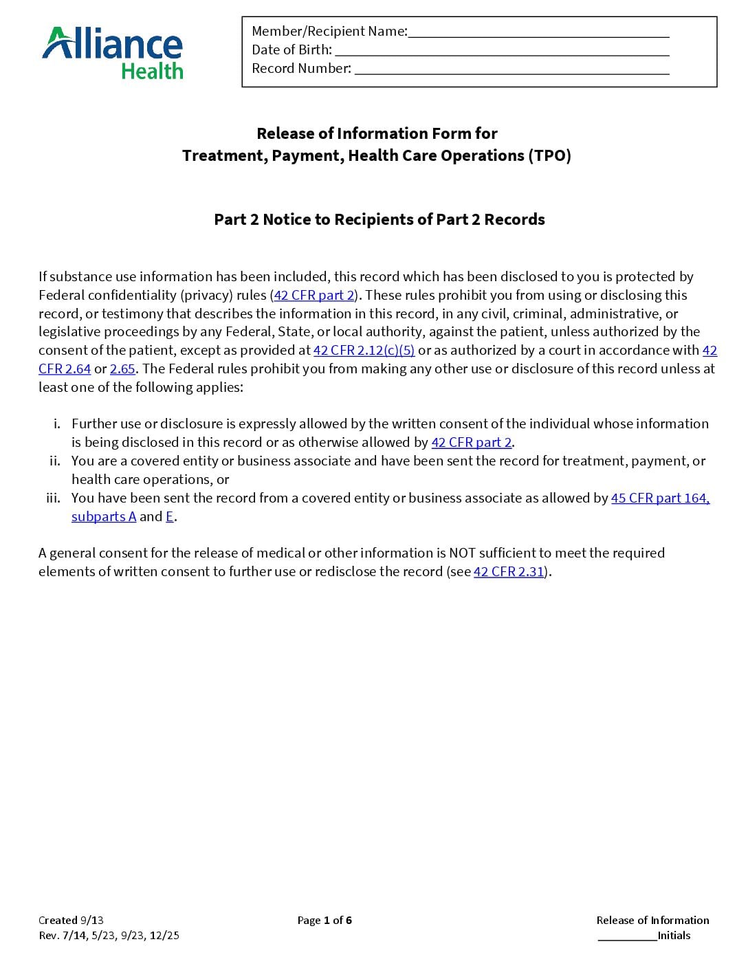 Release of Information Form for Treatment, Payment, Healthcare Operations