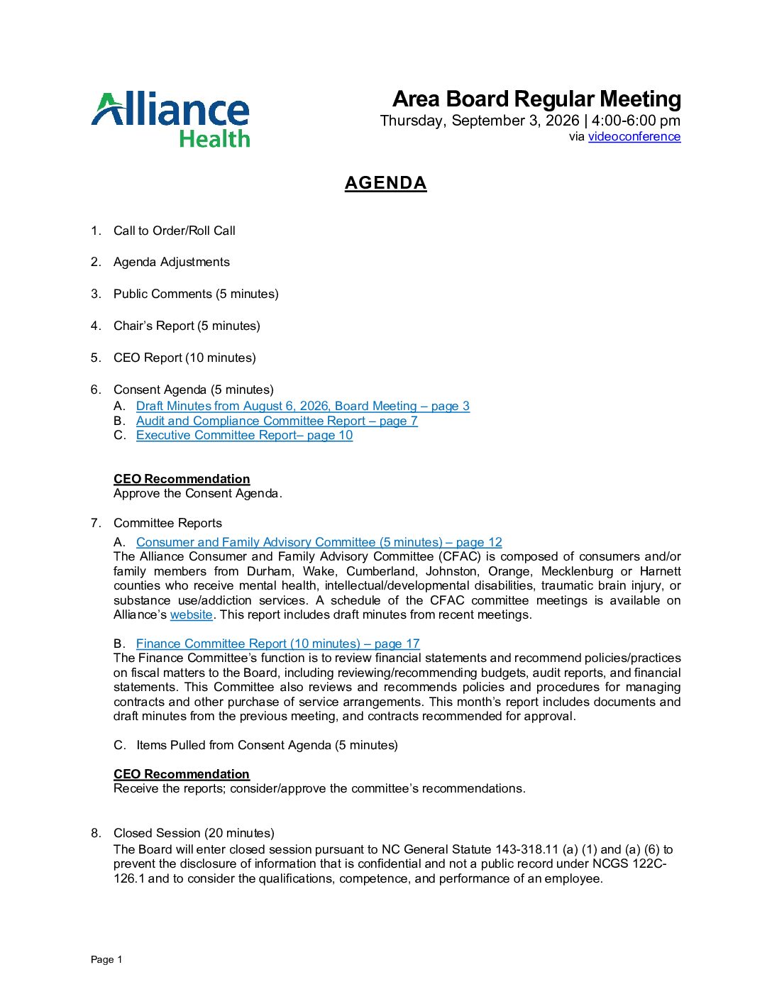 September 2026 Agenda