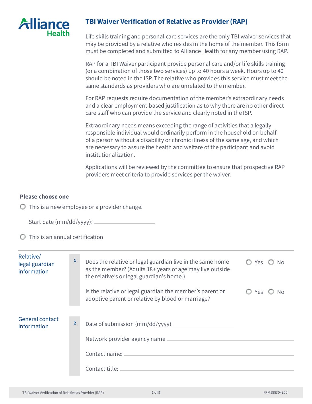 TBI Verification of Relative as Provider (RAP) Form