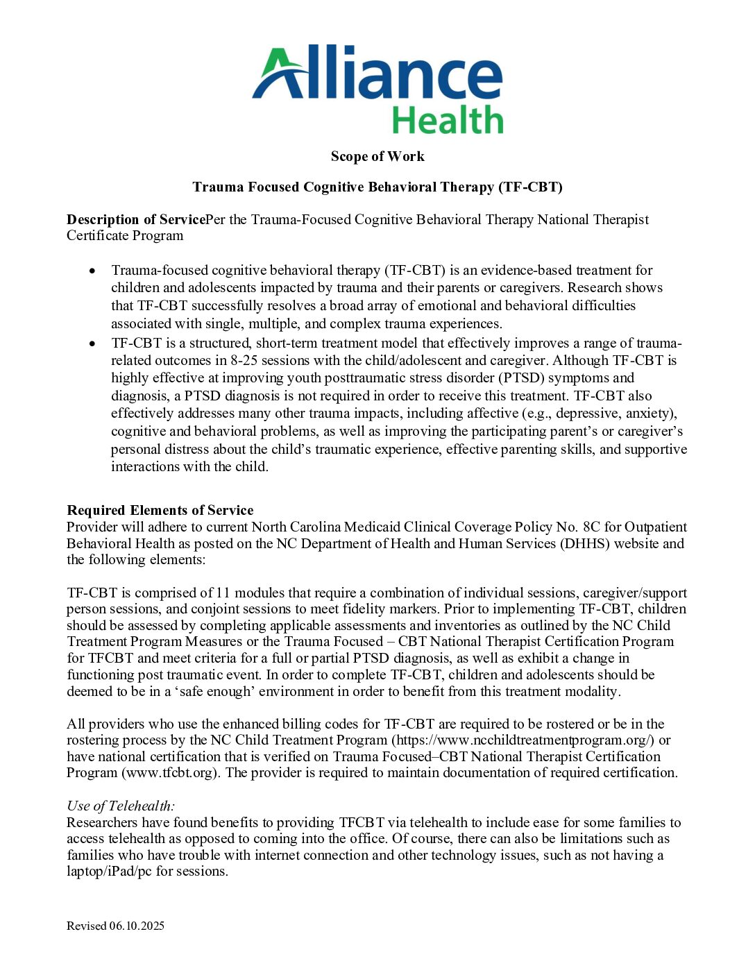 AH SOW: Trauma Focused Cognitive Behavioral Therapy (TF-CBT)