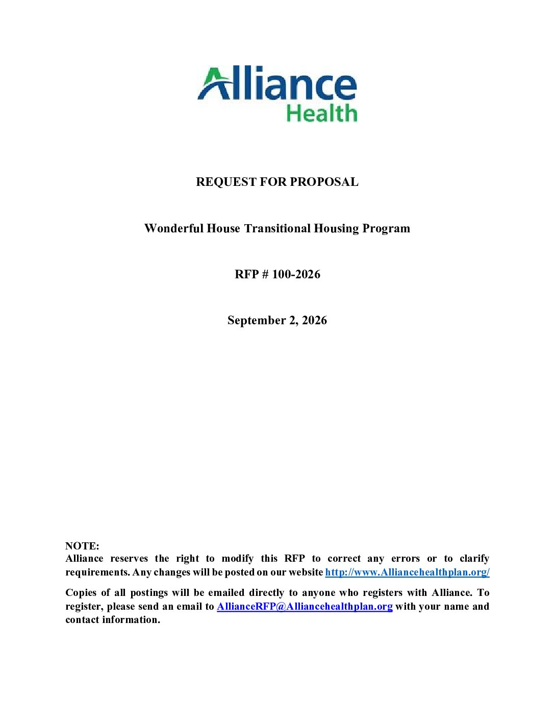 RFP: 100-2026 Wonderful House Transitional Housing Program