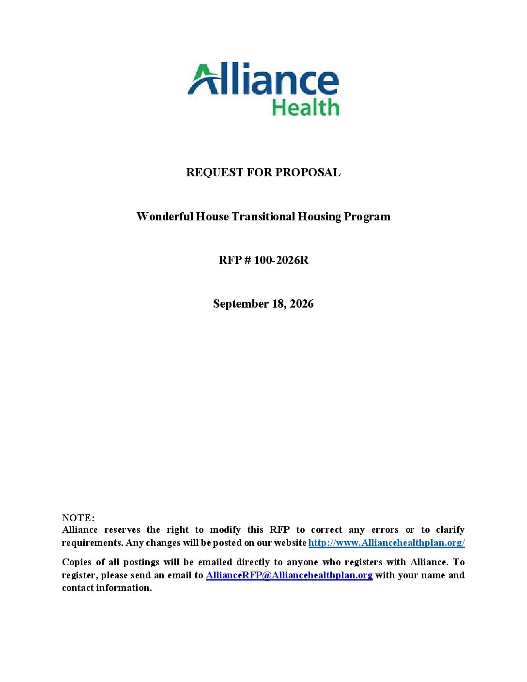 RFP: 100-2026R Wonderful House Transitional Housing Program
