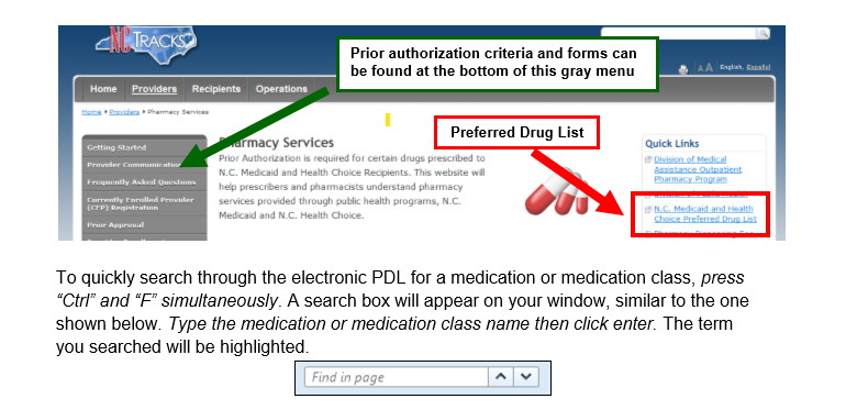 Prior authorization criteria and forms can be found at the bottom of this gray menu. Preferred Drug List is located on the right side under the Quick Links section.