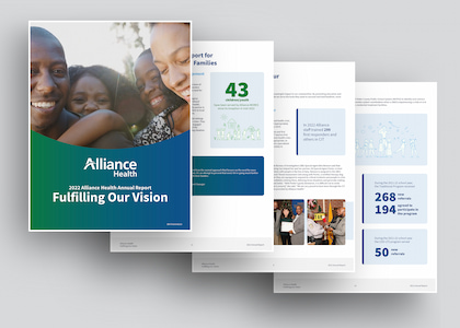 A spread of the Alliance Health Annual Report documents showcasing graphs, photos of people, and text highlights.