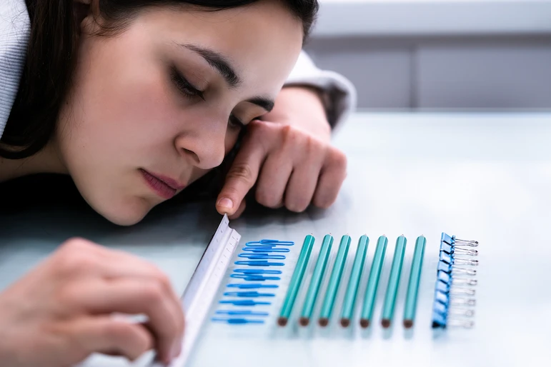 A person meticulously arranges pencils and paper clips in a straight line using a ruler, demonstrating behaviors associated with obsessive-compulsive disorder (OCD). The individual is focused and precise in their actions.