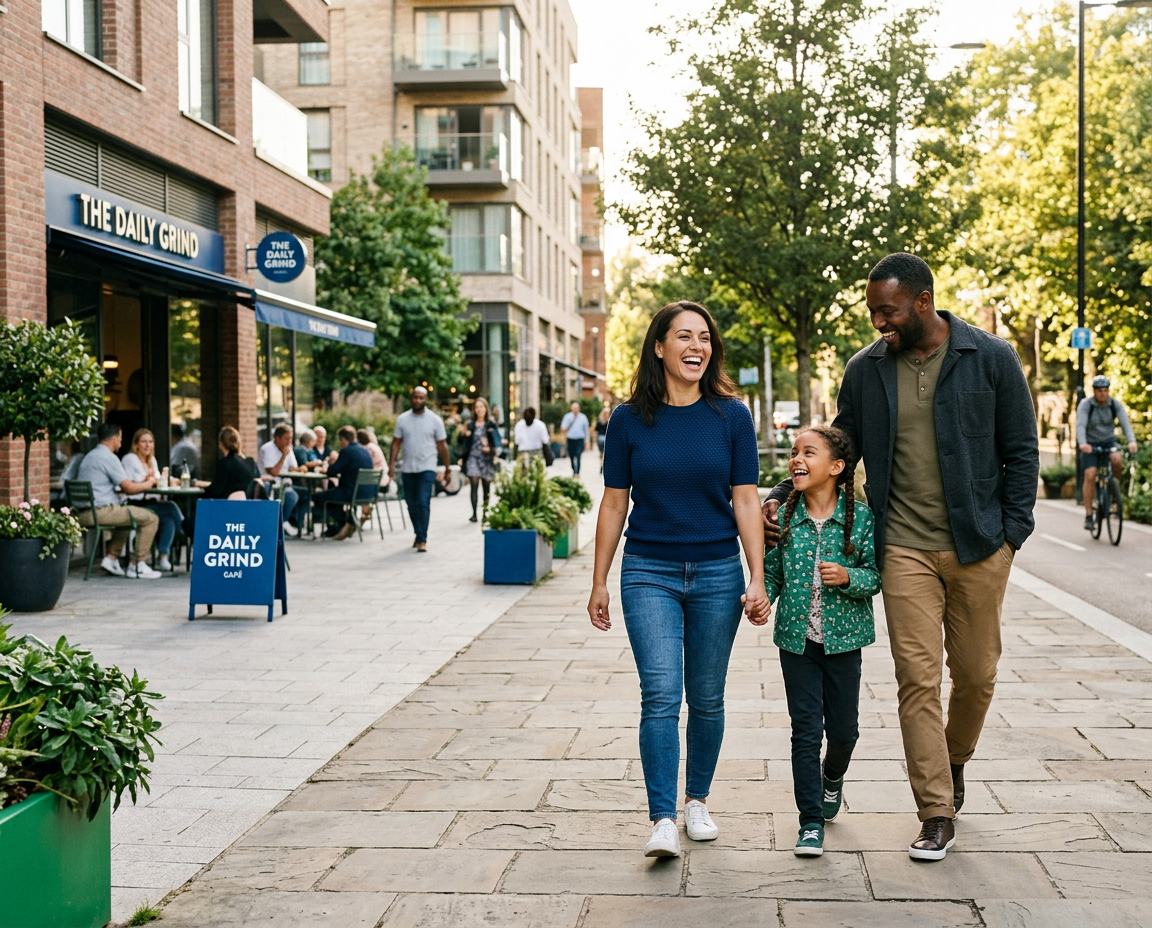 Mom, dad and daughter walking down city street